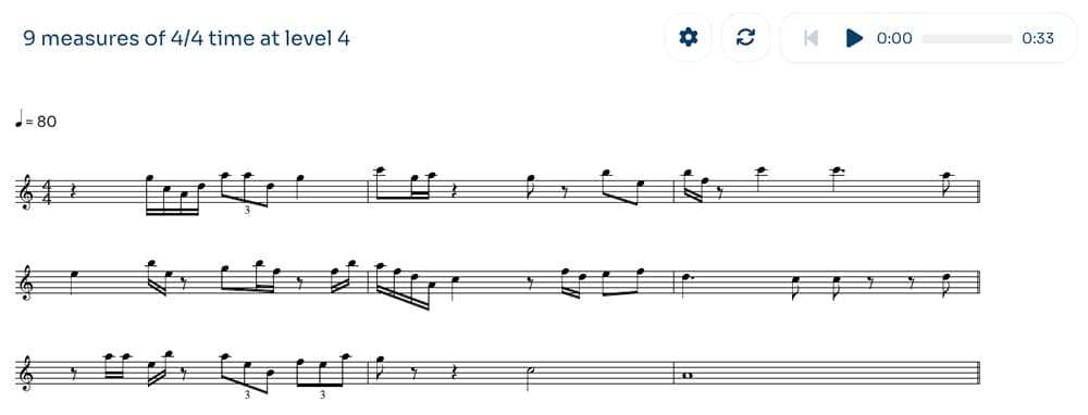 Practice sight reading interface showing sheet music and controls
